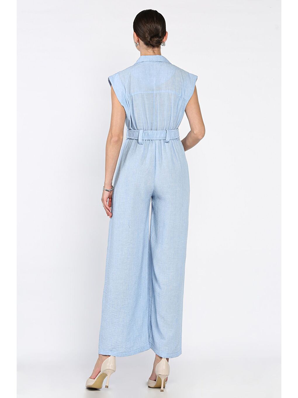 Mavi Bel Lastikli Kemerli Keten Tulum-2