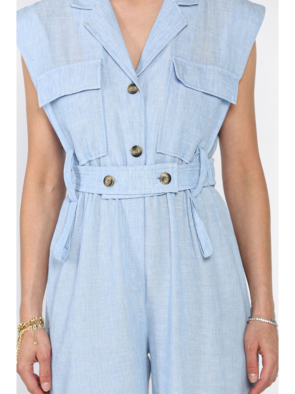 Mavi Bel Lastikli Kemerli Keten Tulum-3