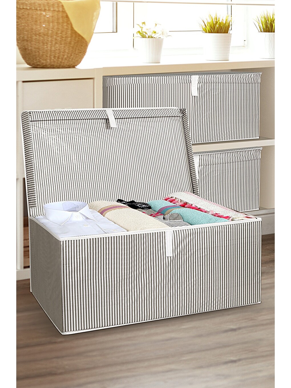 Gri 3 Adet Kapaklı Hurç Saklama Kutusu 70x40x30 cm