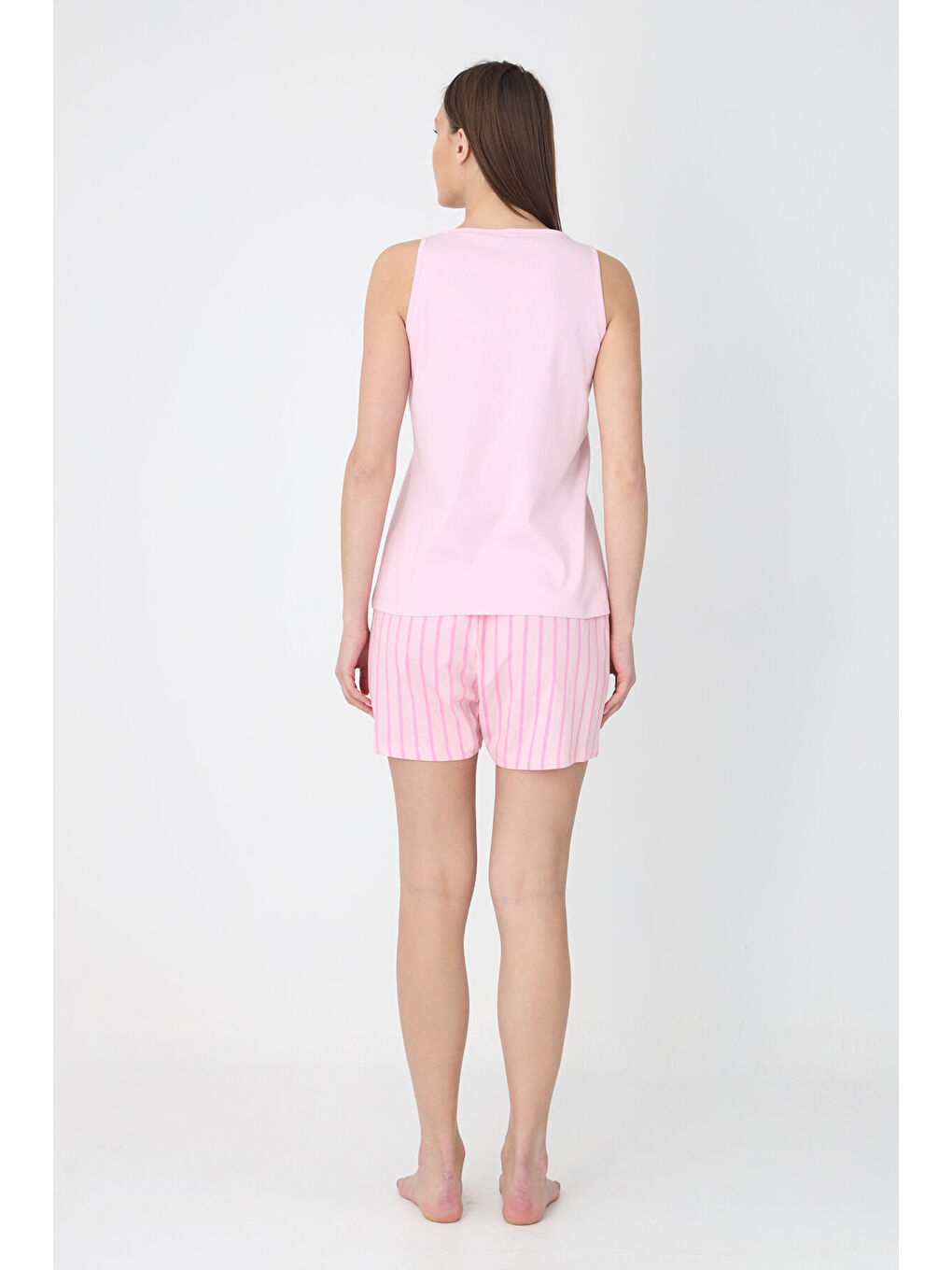 Pembe Çizgili Askılı Şortlu Pijama Takım-3