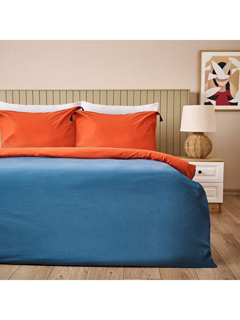 Ekru Soft Colorful Çift Kişilik Nevresim Takımı - Kiremit / Lacivert