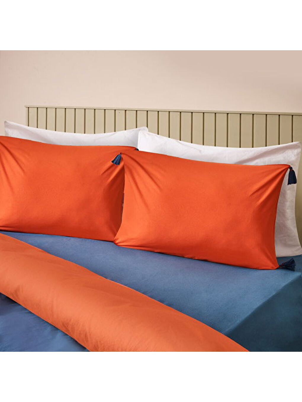 Ekru Soft Colorful Çift Kişilik Nevresim Takımı - Kiremit / Lacivert-3