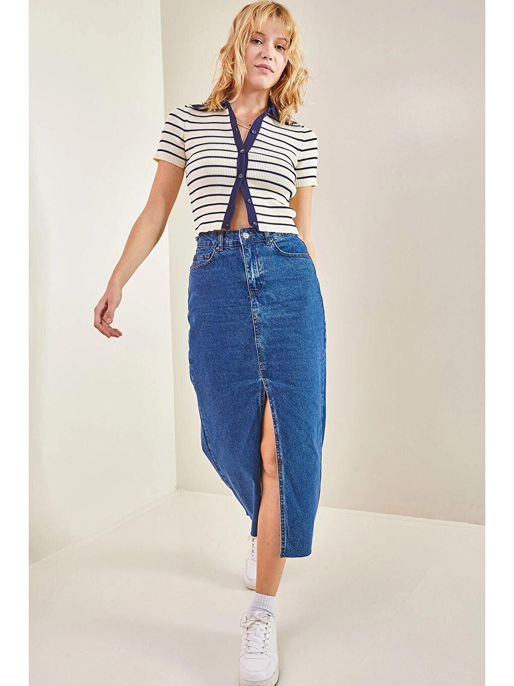 İndigo Kadın Lazer Kesim Yırtmaçlı Etek-1