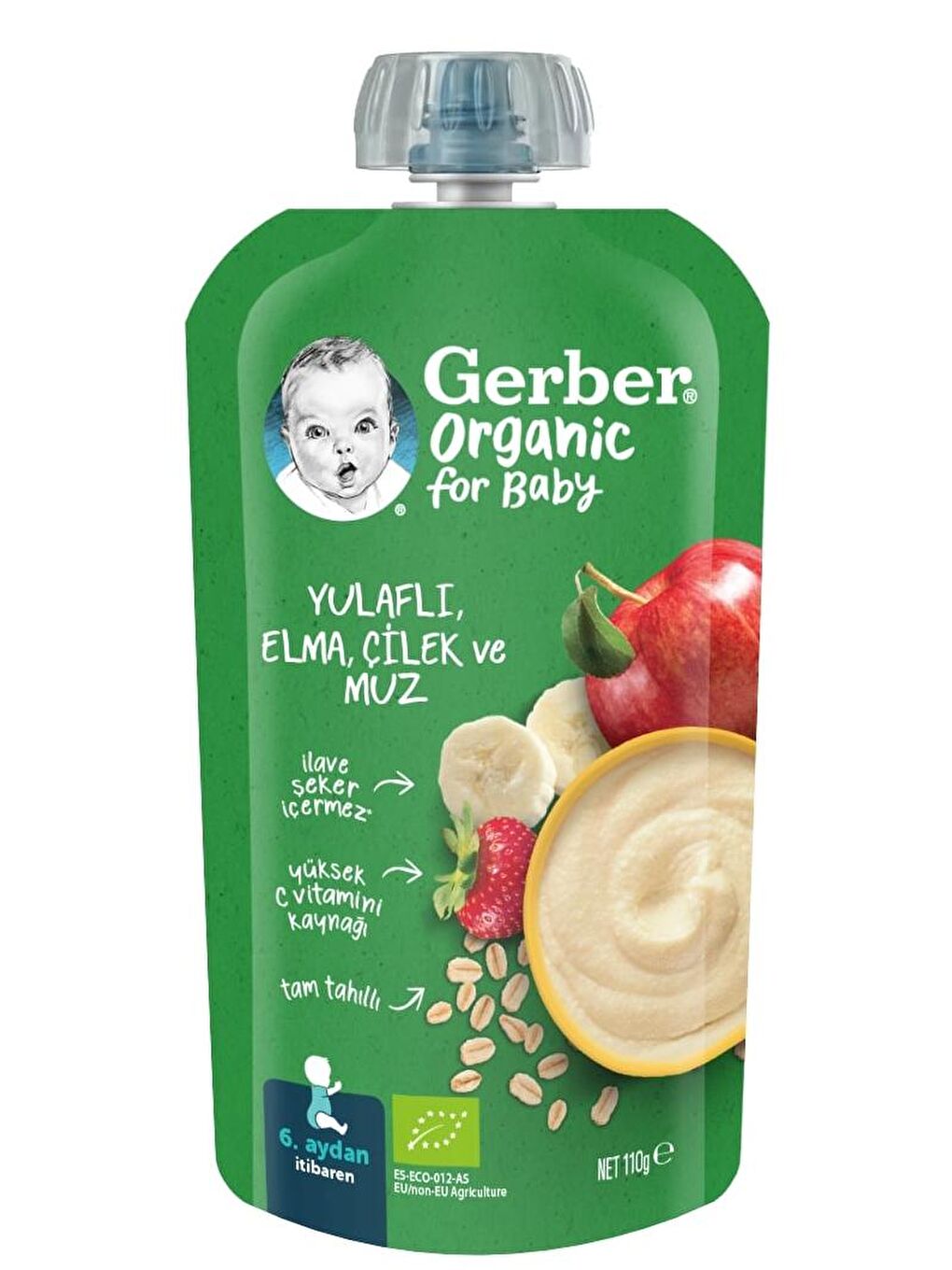 Gerber Renksiz Organic Yulaflı Elma, Çilek ve Muz Püresi 110g?