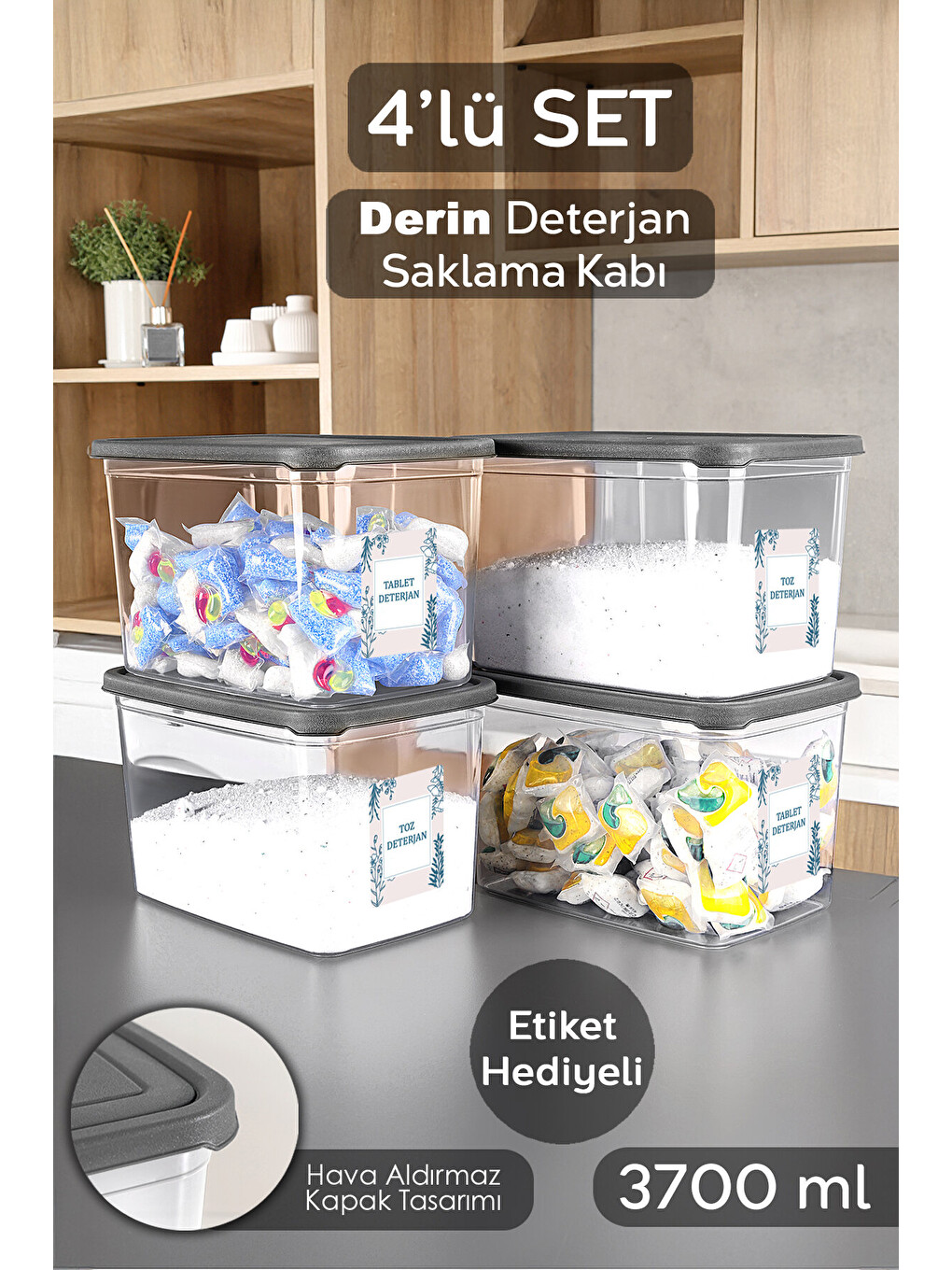 Renksiz 4'lü Etiketli Deterjan Saklama Kutusu 3,7 l