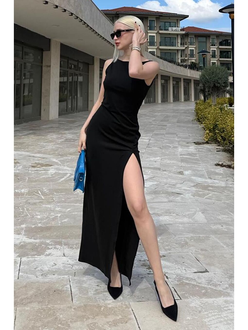 Siyah Maxi Boy Yırtmaç Detaylı Kadın Elbise Mg2367-1