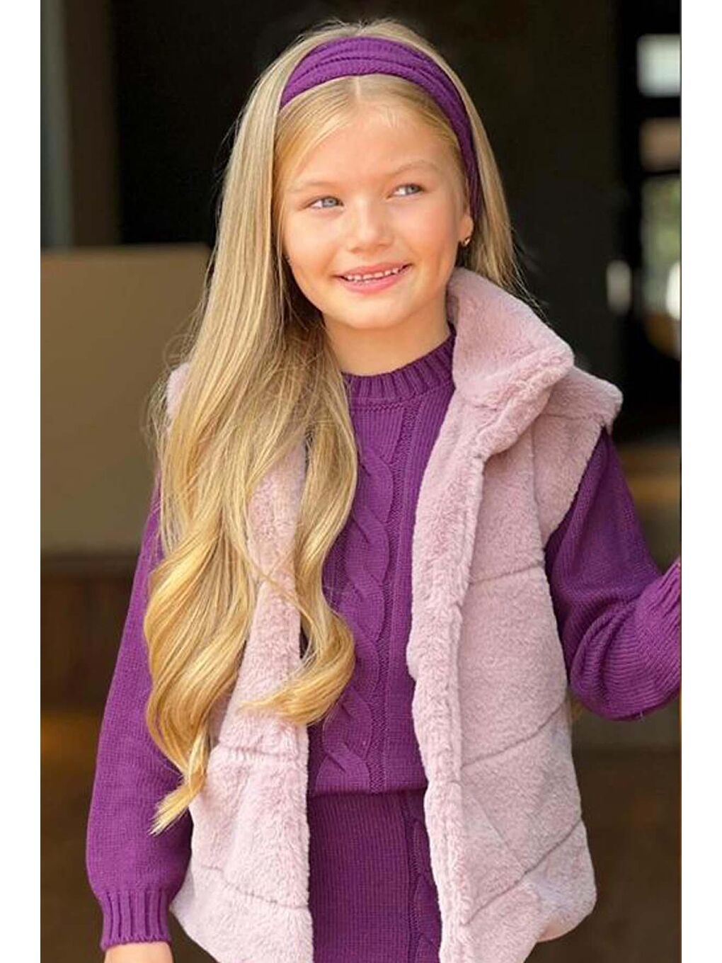 Kız Çocuk Peluş Yelek ve Triko Mor Etekli Takım-1