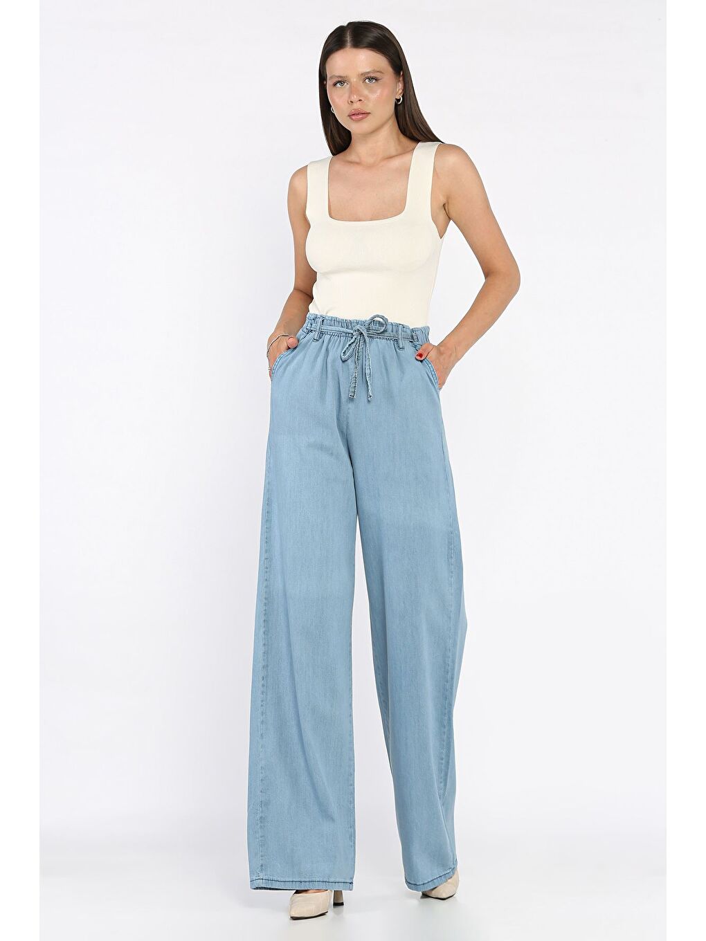 Mavi Bol Paça Bel Bağlamalı Kadın Pantolon-1