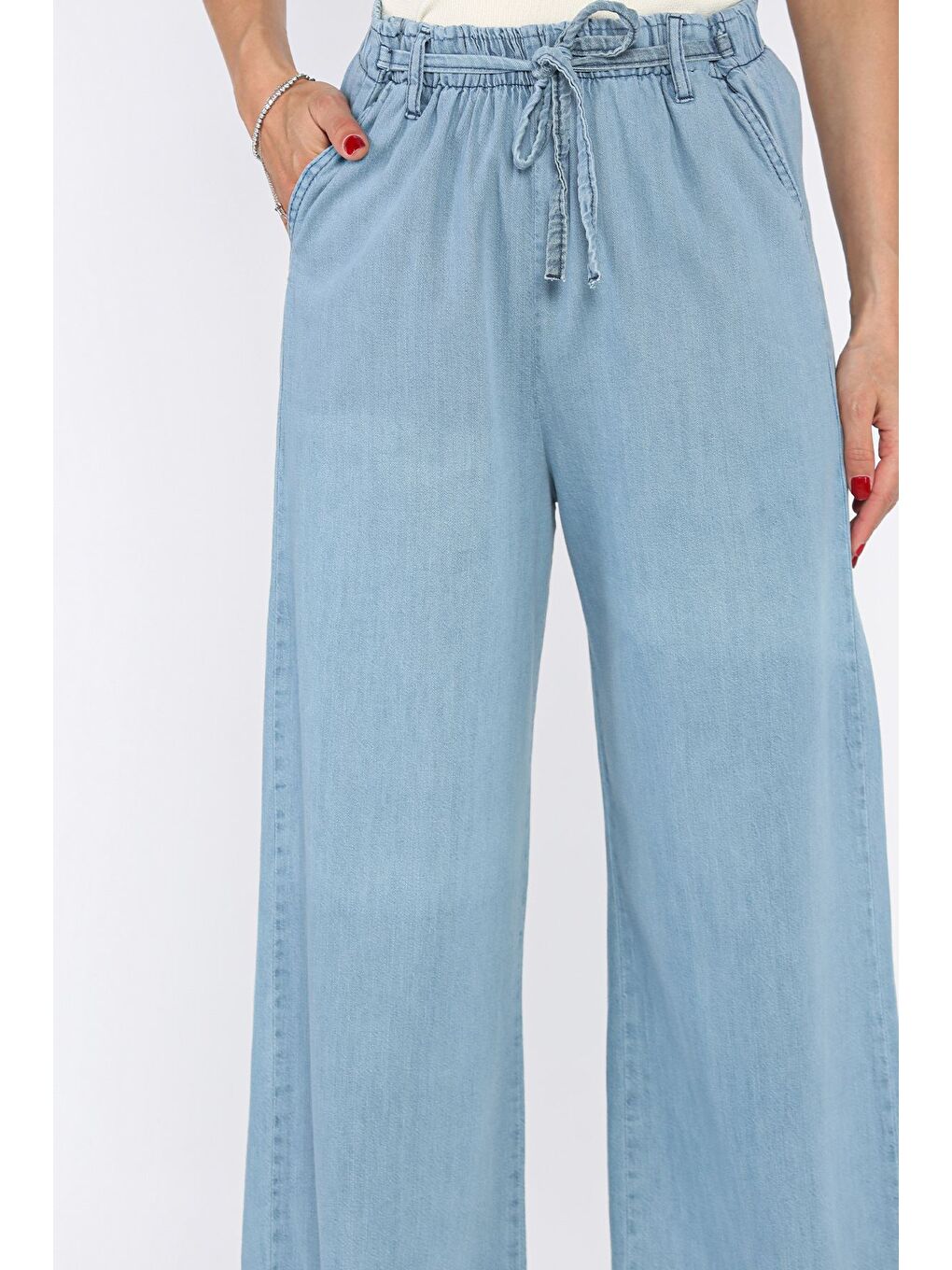 Mavi Bol Paça Bel Bağlamalı Kadın Pantolon-3