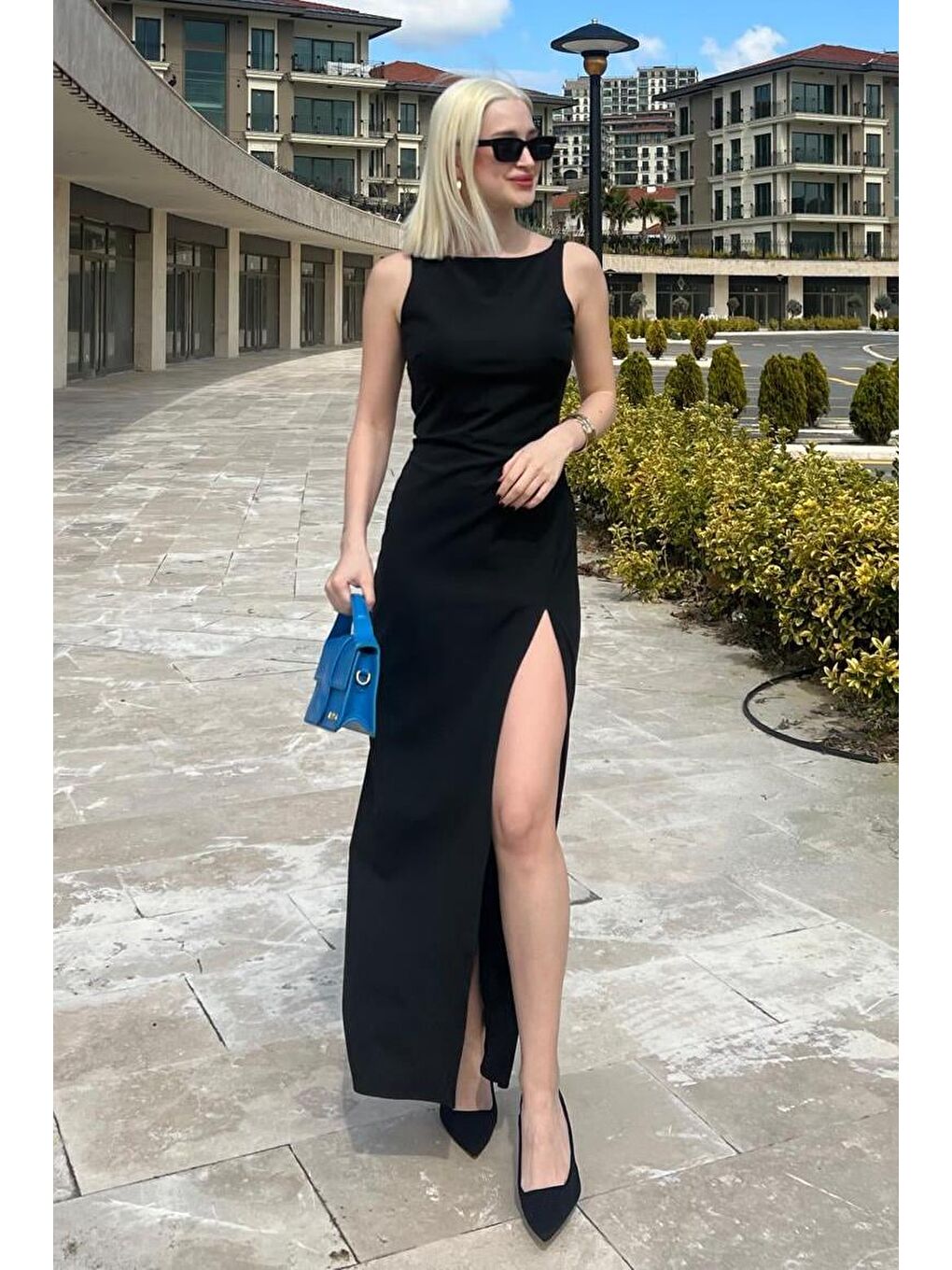 Siyah Maxi Boy Yırtmaç Detaylı Kadın Elbise Mg2367-2