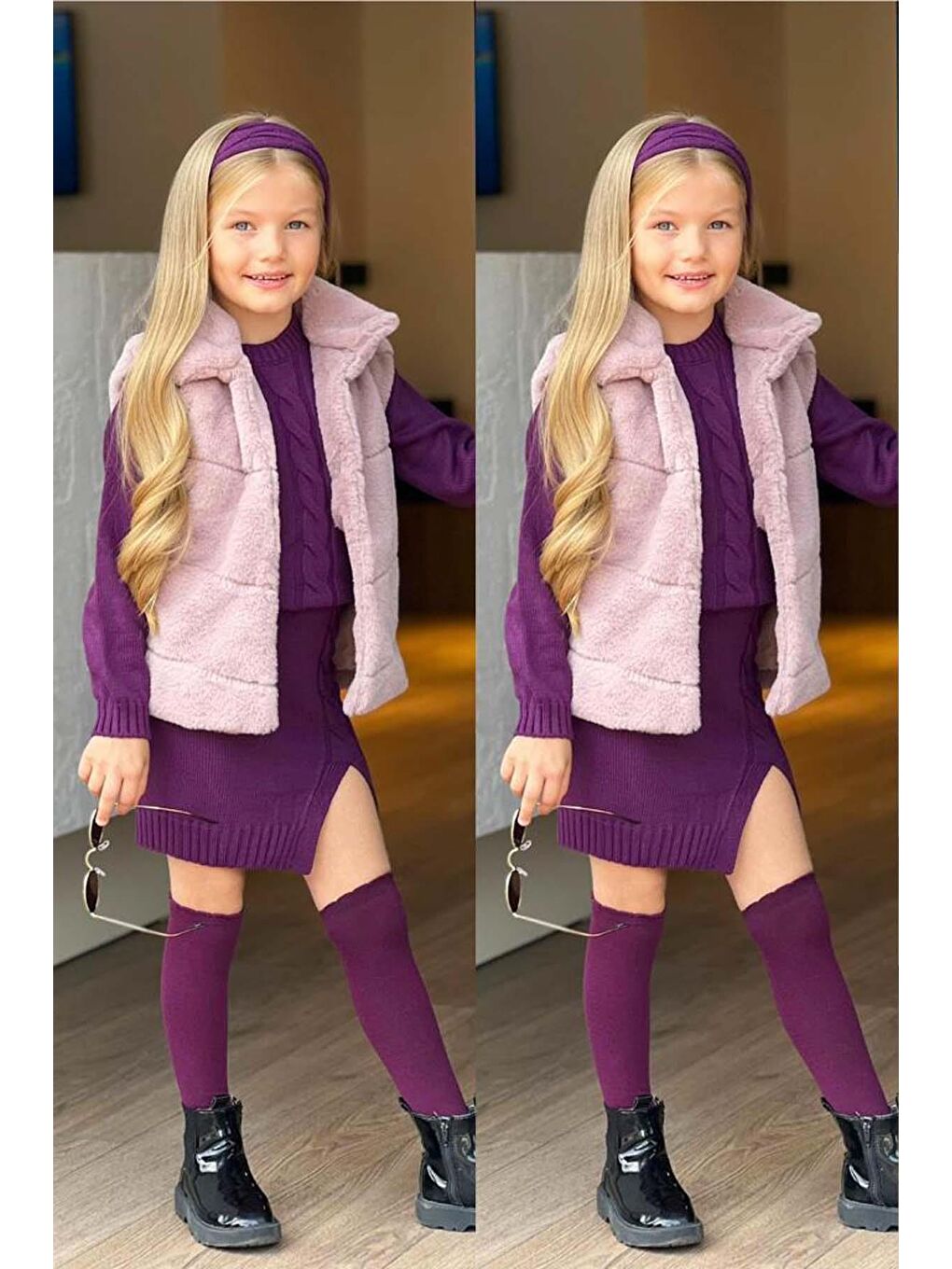 Kız Çocuk Peluş Yelek ve Triko Mor Etekli Takım-3