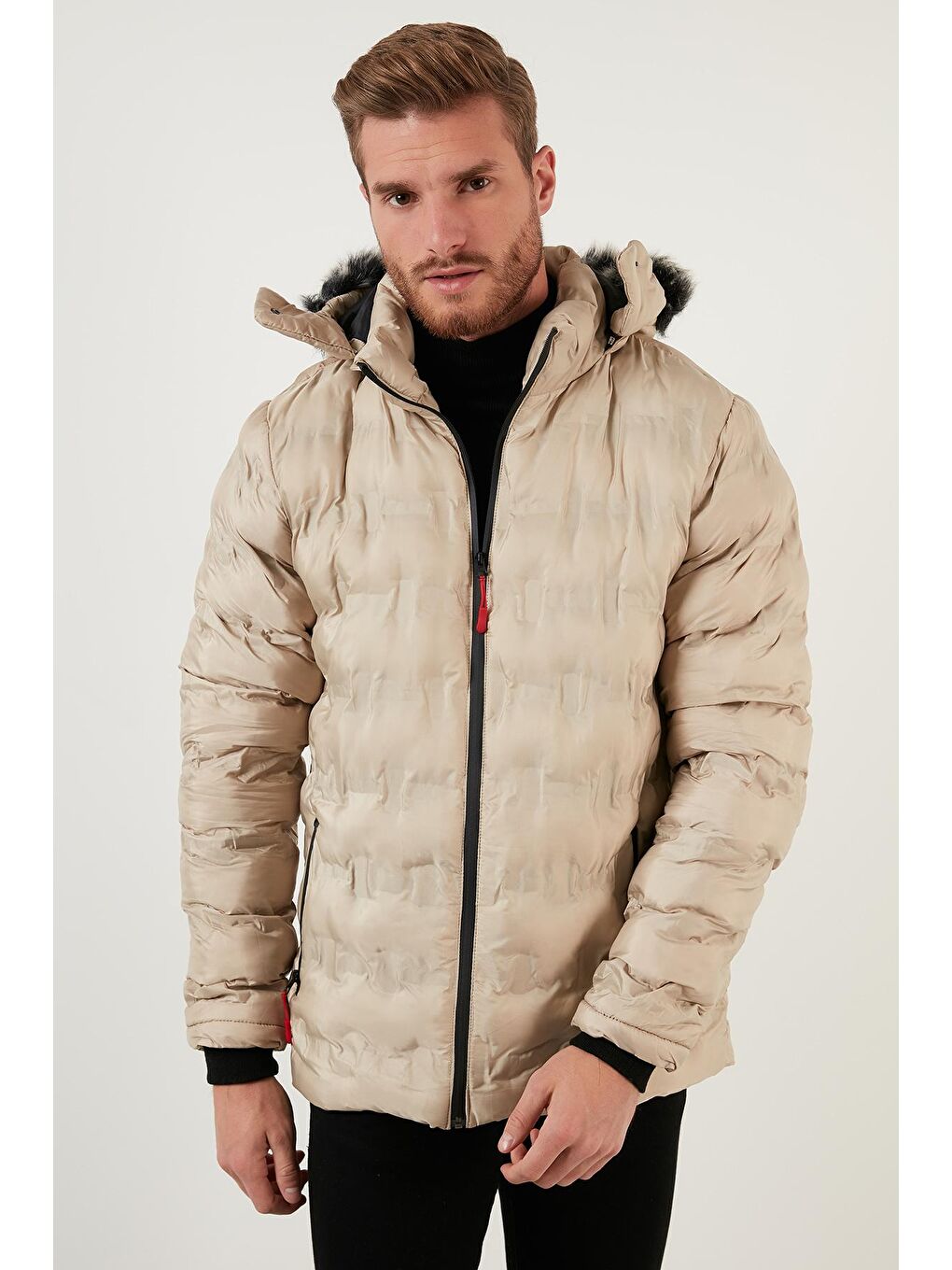 Bej Slim Fit Fermuarlı Çıkarılabilir Kapüşonlu Mont 5760065-2