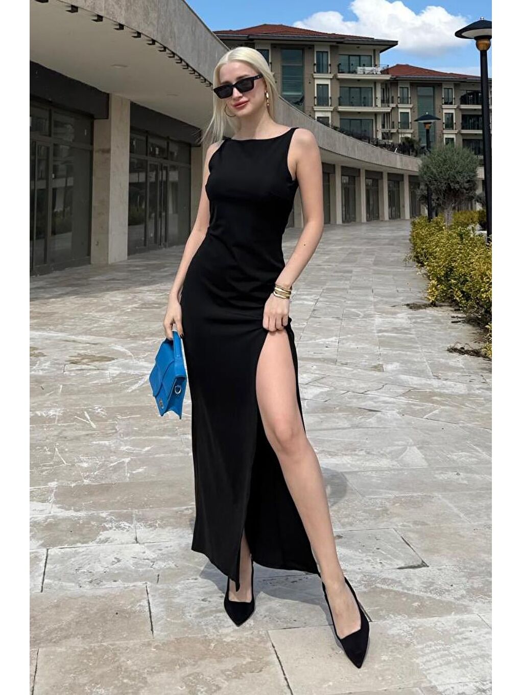 Siyah Maxi Boy Yırtmaç Detaylı Kadın Elbise Mg2367-3