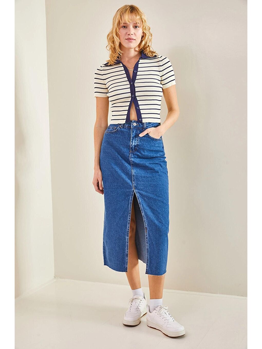 İndigo Kadın Lazer Kesim Yırtmaçlı Etek-3