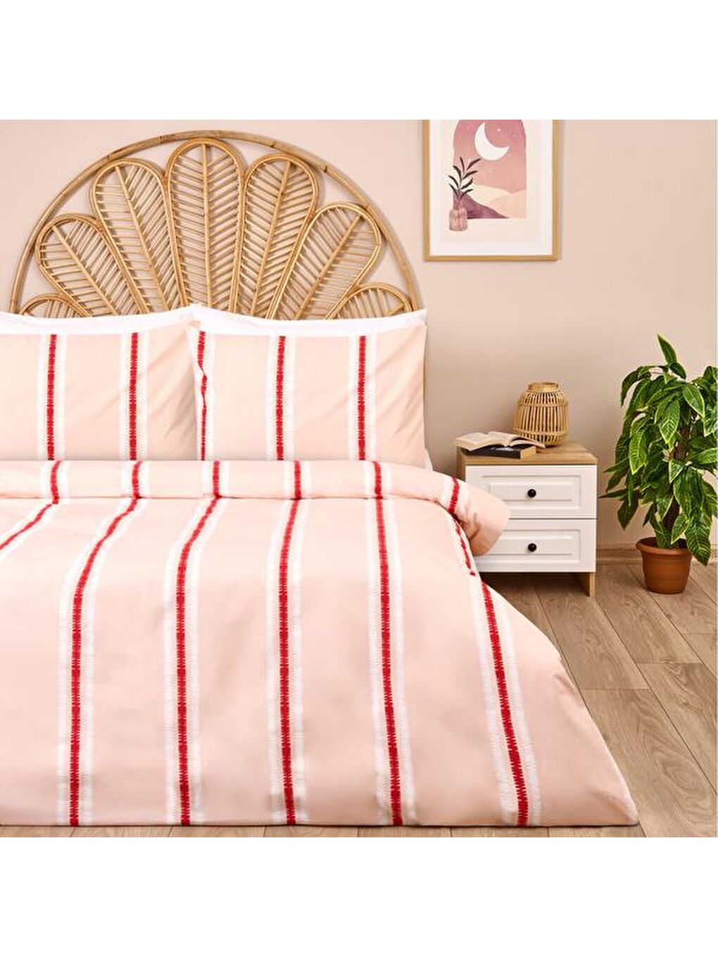 Evidea Sari Soft Strisce Çift Kişilik Nevresim Takımı - Taş / Kiremit