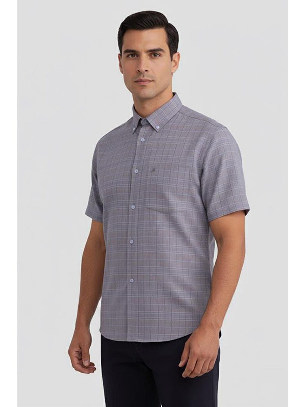 Kahverengi Erkek Kahve Kısa Kollu Ekose Desenli Pamuk Gömlek – Düğmeli Yaka, Regular Fit-2