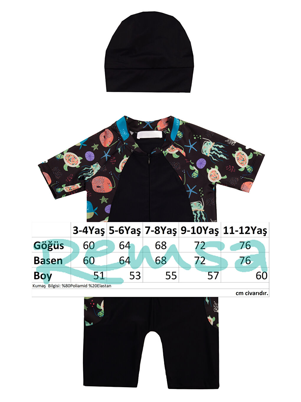 UV Korumalı Kısa Kollu Tulum Bebek Çocuk Yüzücü Mayo 1910 Siyah-2