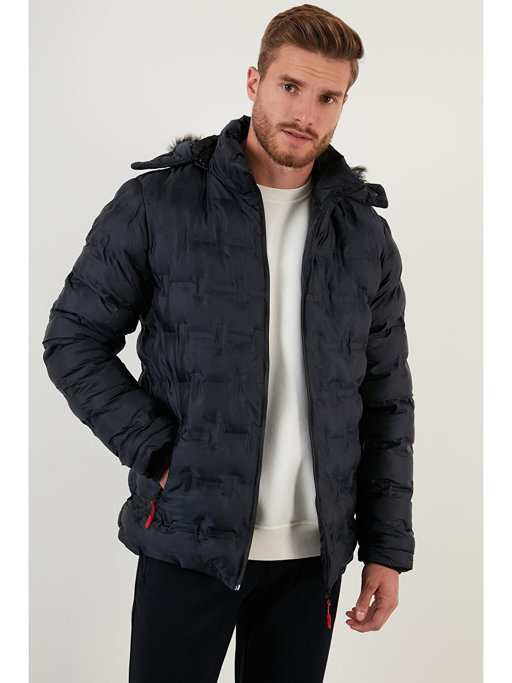 Lacivert Slim Fit Fermuarlı Çıkarılabilir Kapüşonlu Şişme Erkek Mont 5760065