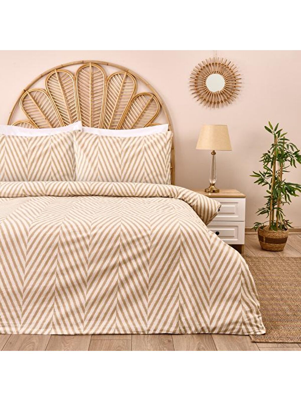 Lila Soft Herringbone Çift Kişilik Nevresim Takımı - Ekru / Taş