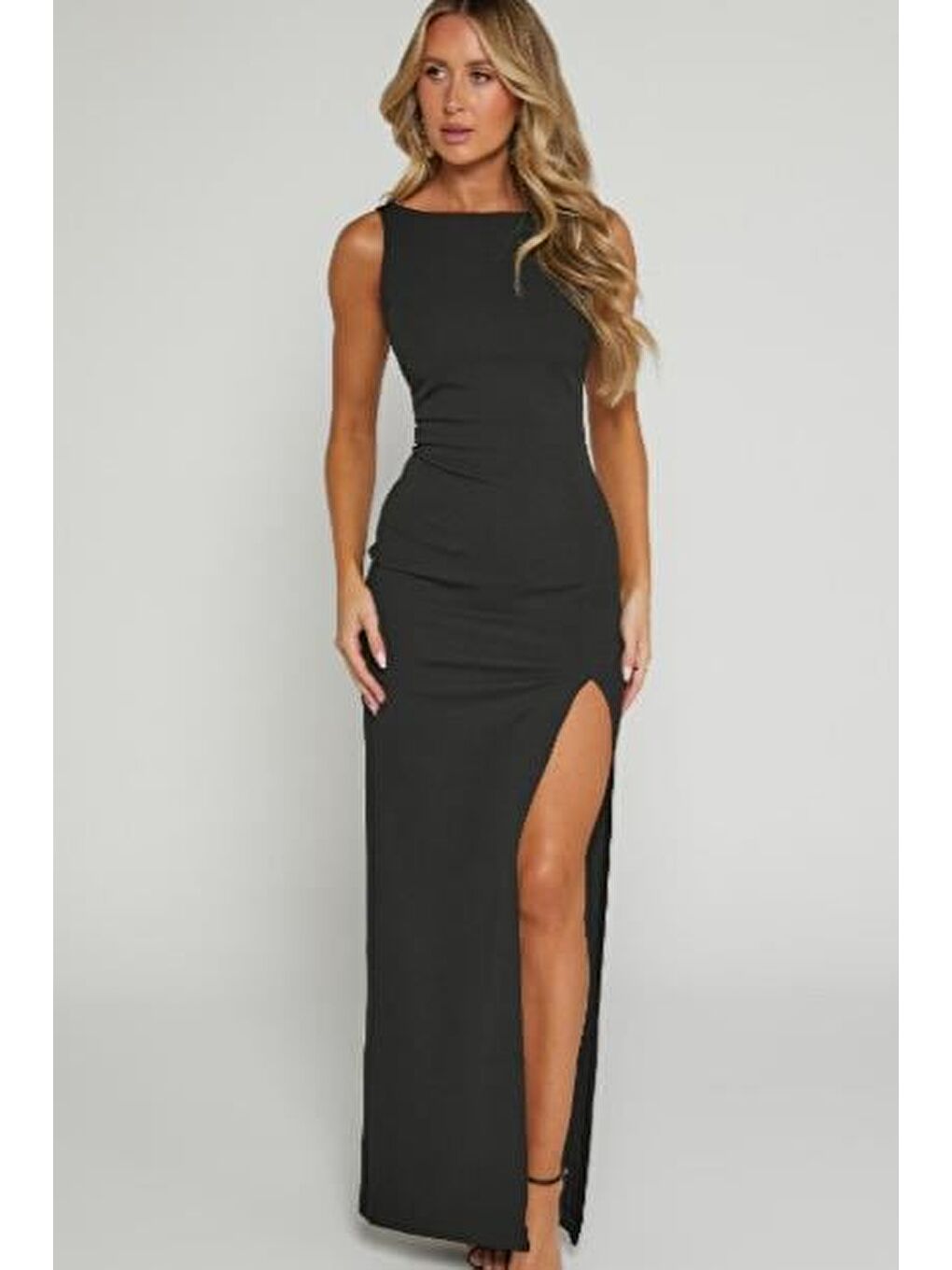 Siyah Maxi Boy Yırtmaç Detaylı Kadın Elbise Mg2367-4