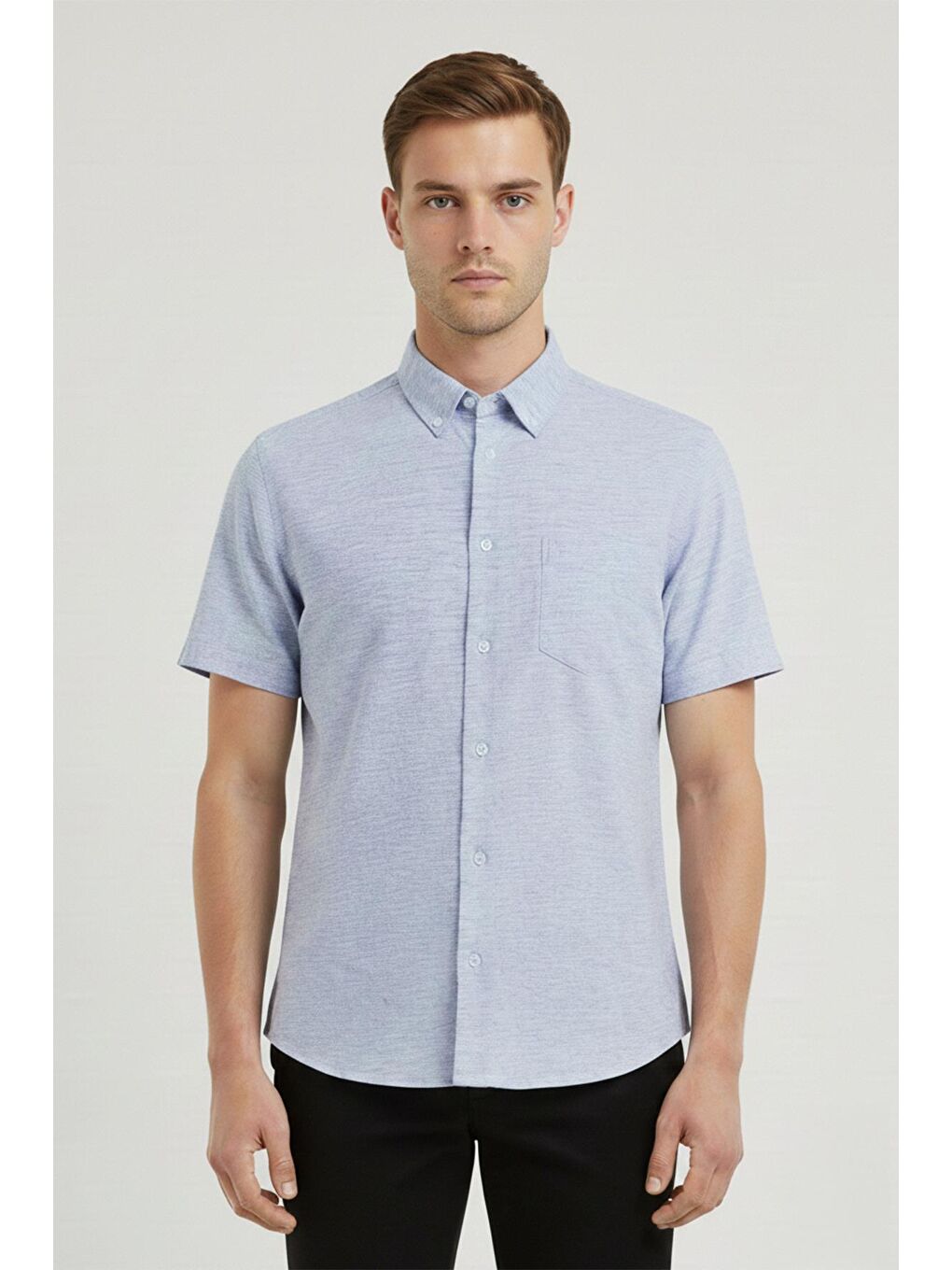 Erkek Gri Kısa Kollu Pamuk Gömlek – Düğmeli Yaka, Regular Fit