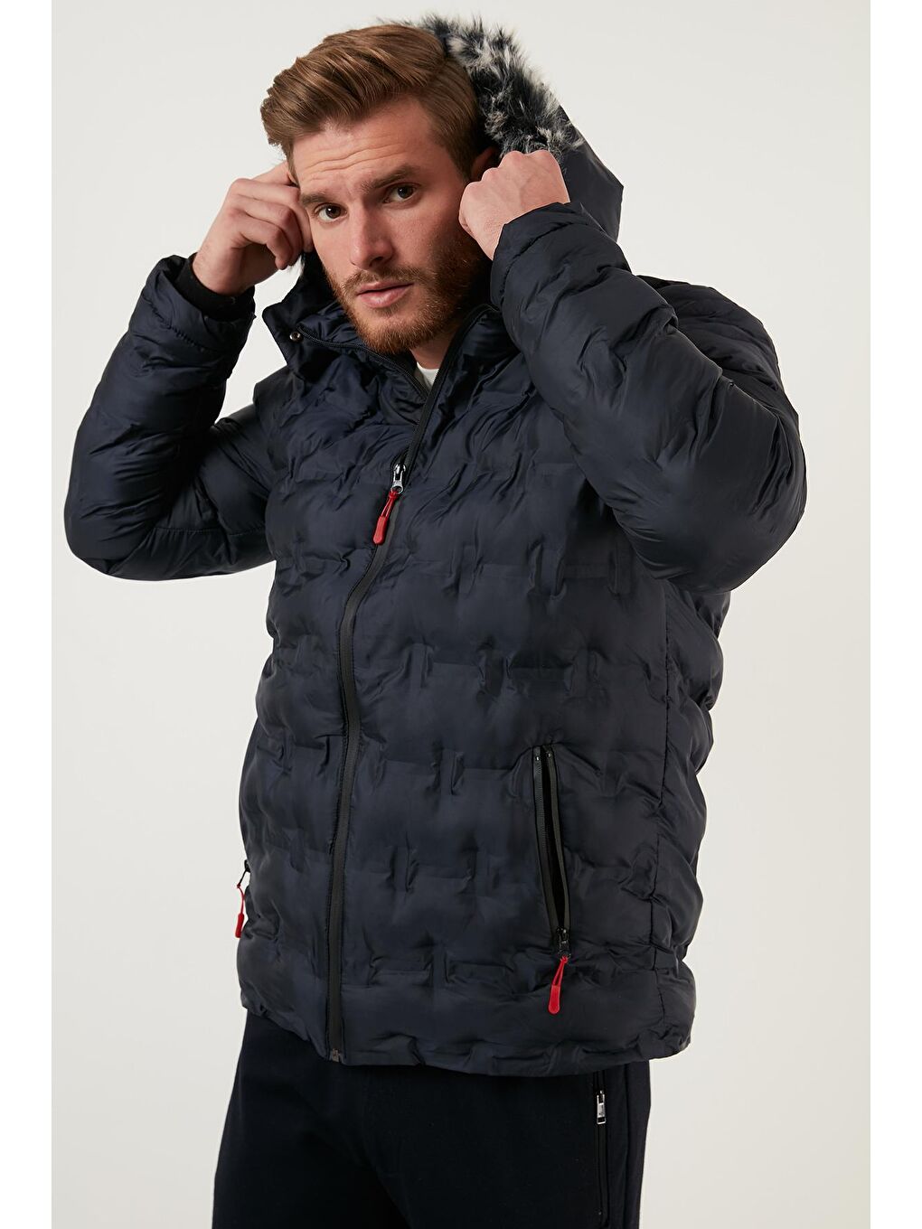Lacivert Slim Fit Fermuarlı Çıkarılabilir Kapüşonlu Şişme Erkek Mont 5760065-1