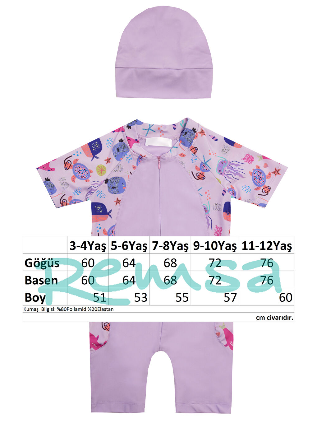UV Korumalı Kısa Kollu Tulum Bebek Çocuk Yüzücü Mayo 1910 Lila-2