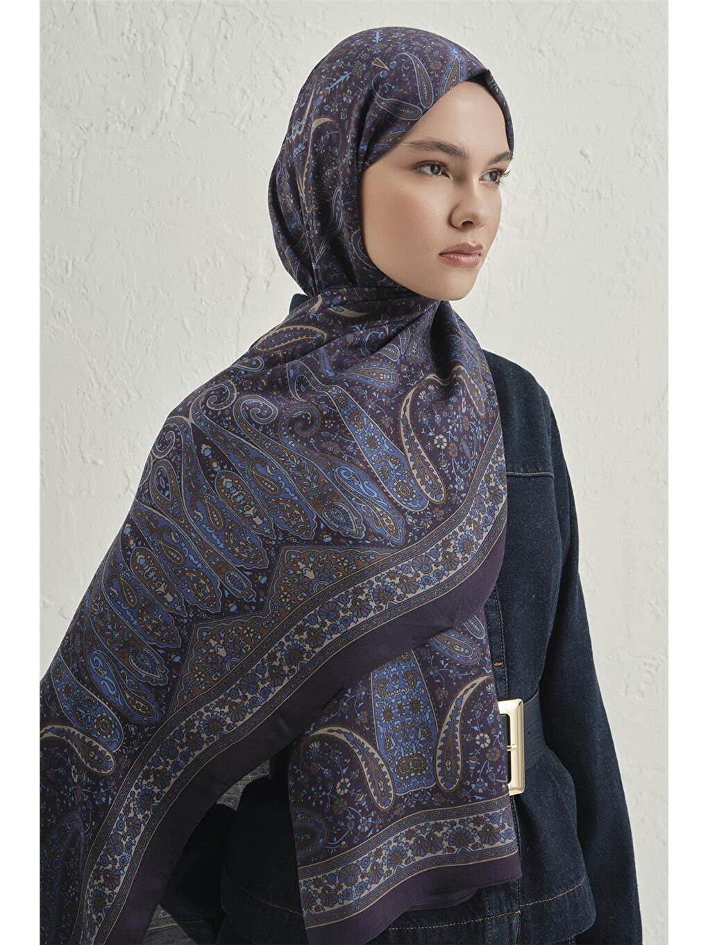 Lacivert Premium Pure Etnik Desen Şal 4 27-1
