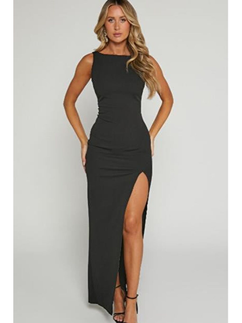 Siyah Maxi Boy Yırtmaç Detaylı Kadın Elbise Mg2367-6