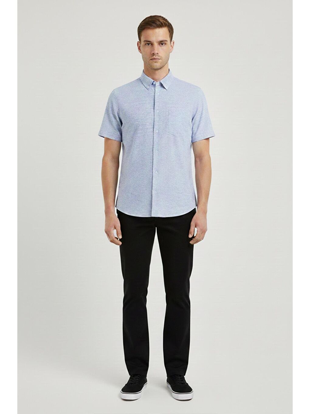 Erkek Gri Kısa Kollu Pamuk Gömlek – Düğmeli Yaka, Regular Fit-1