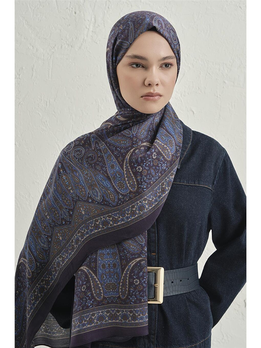 Lacivert Premium Pure Etnik Desen Şal 4 27-2