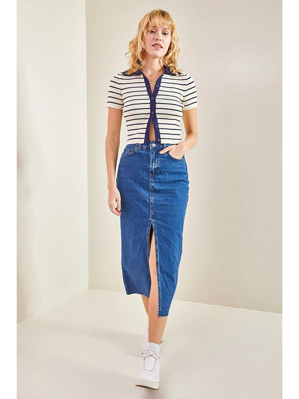 İndigo Kadın Lazer Kesim Yırtmaçlı Etek-4