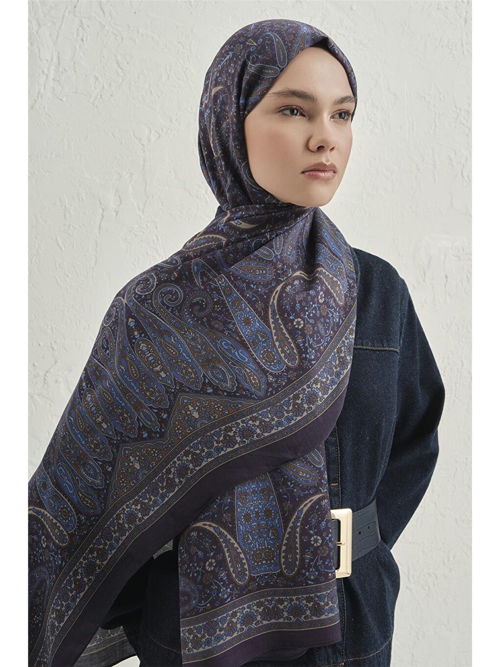 Lacivert Premium Pure Etnik Desen Şal 4 27-3