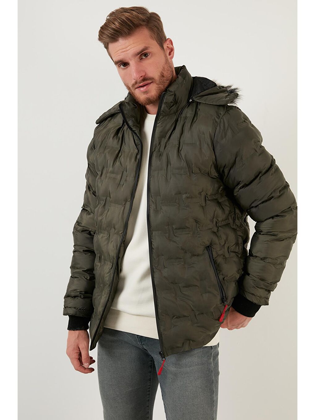 Haki Slim Fit Fermuarlı Çıkarılabilir Kapüşonlu Şişme Erkek Mont 5760065