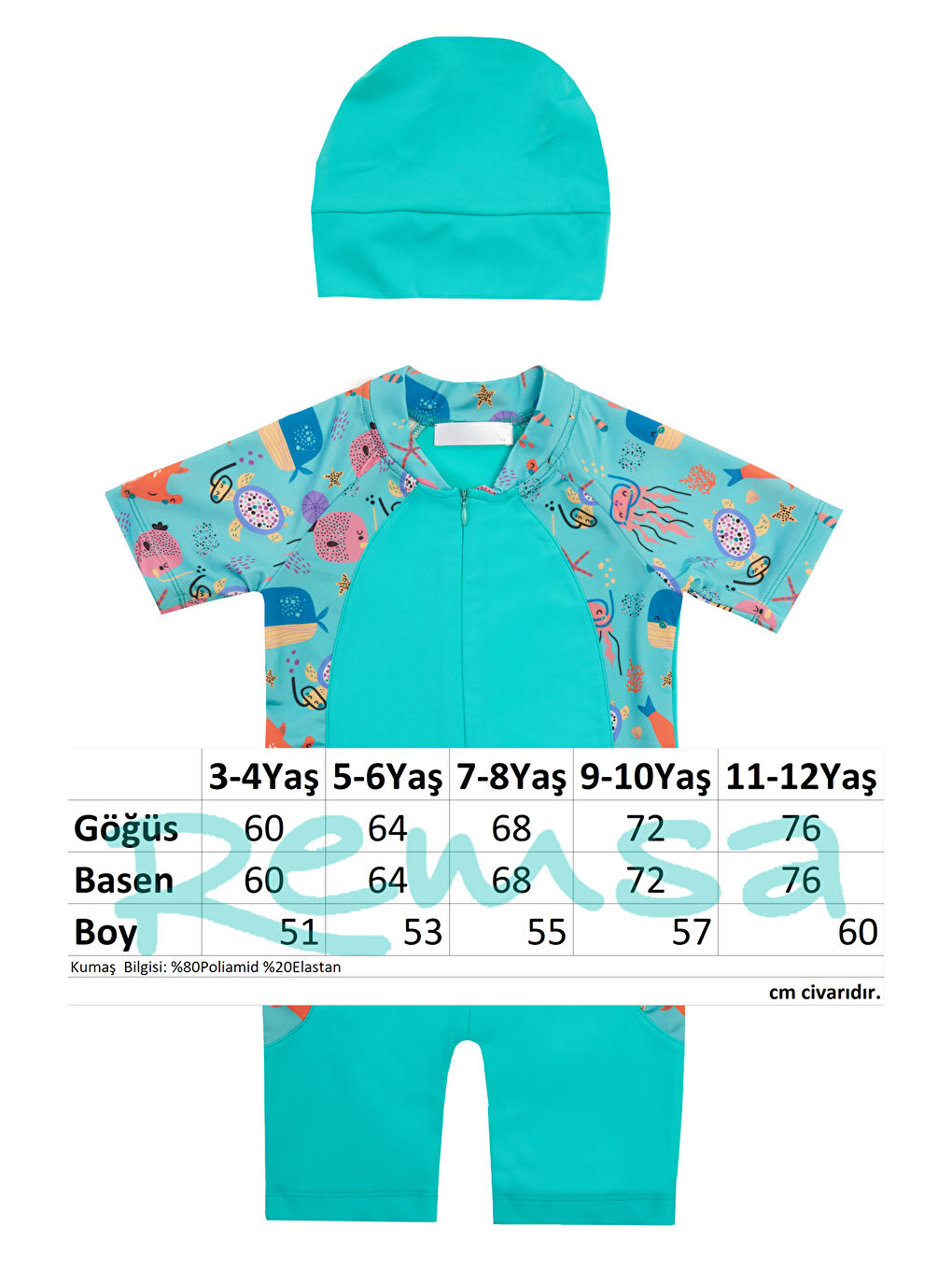 Yeşil UV Korumalı Kısa Kollu Tulum Bebek Çocuk Yüzücü Mayo 1910 Mint-2