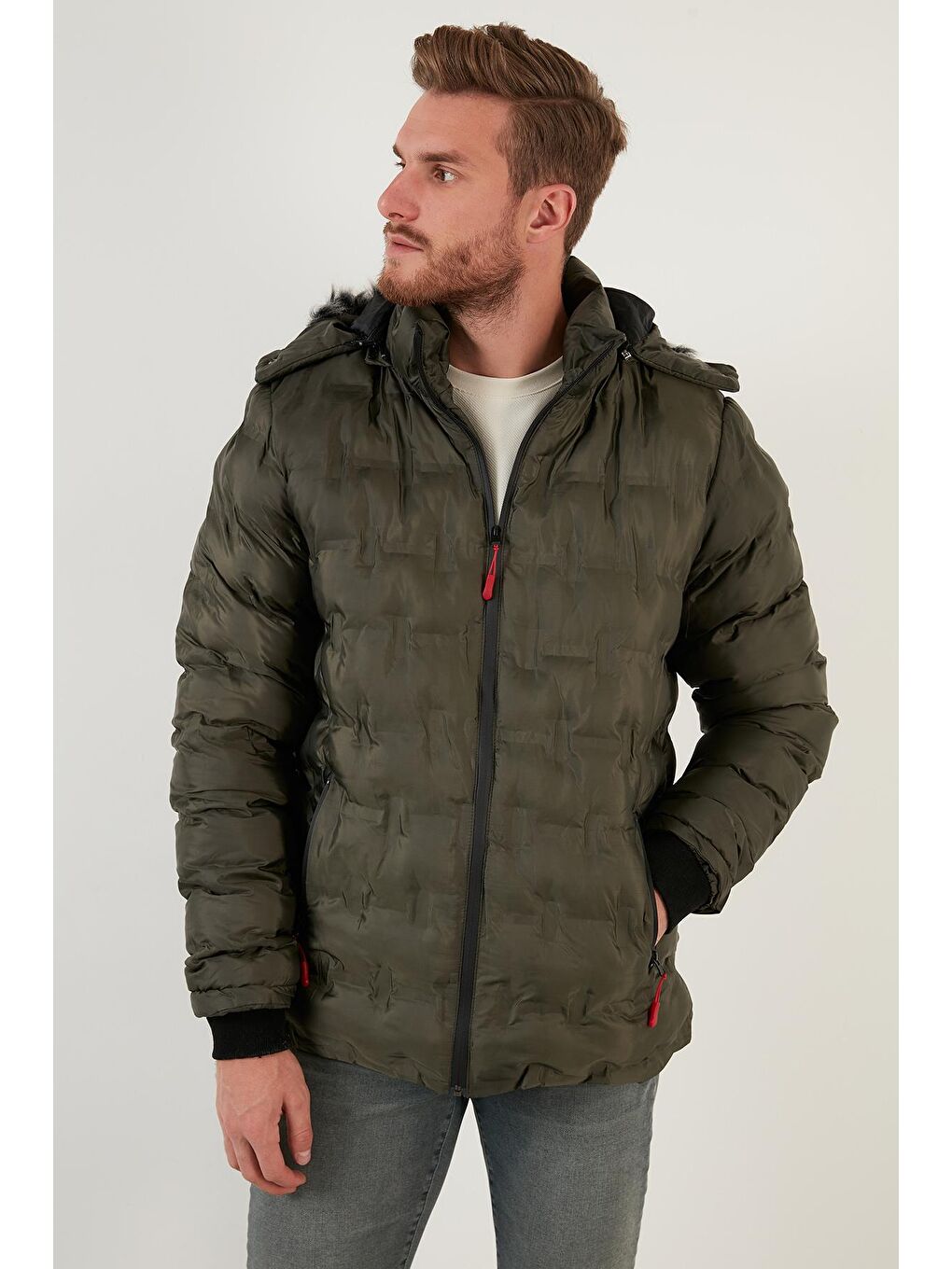 Haki Slim Fit Fermuarlı Çıkarılabilir Kapüşonlu Şişme Erkek Mont 5760065-1