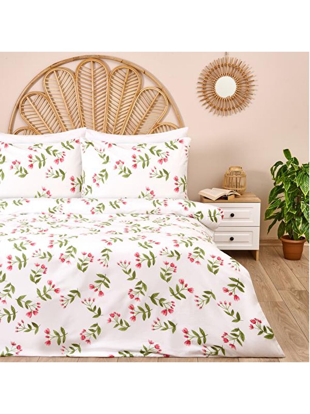 Evidea Lila Soft Carlene Tek Kişilik Nevresim Takımı - Ekru / Yeşil