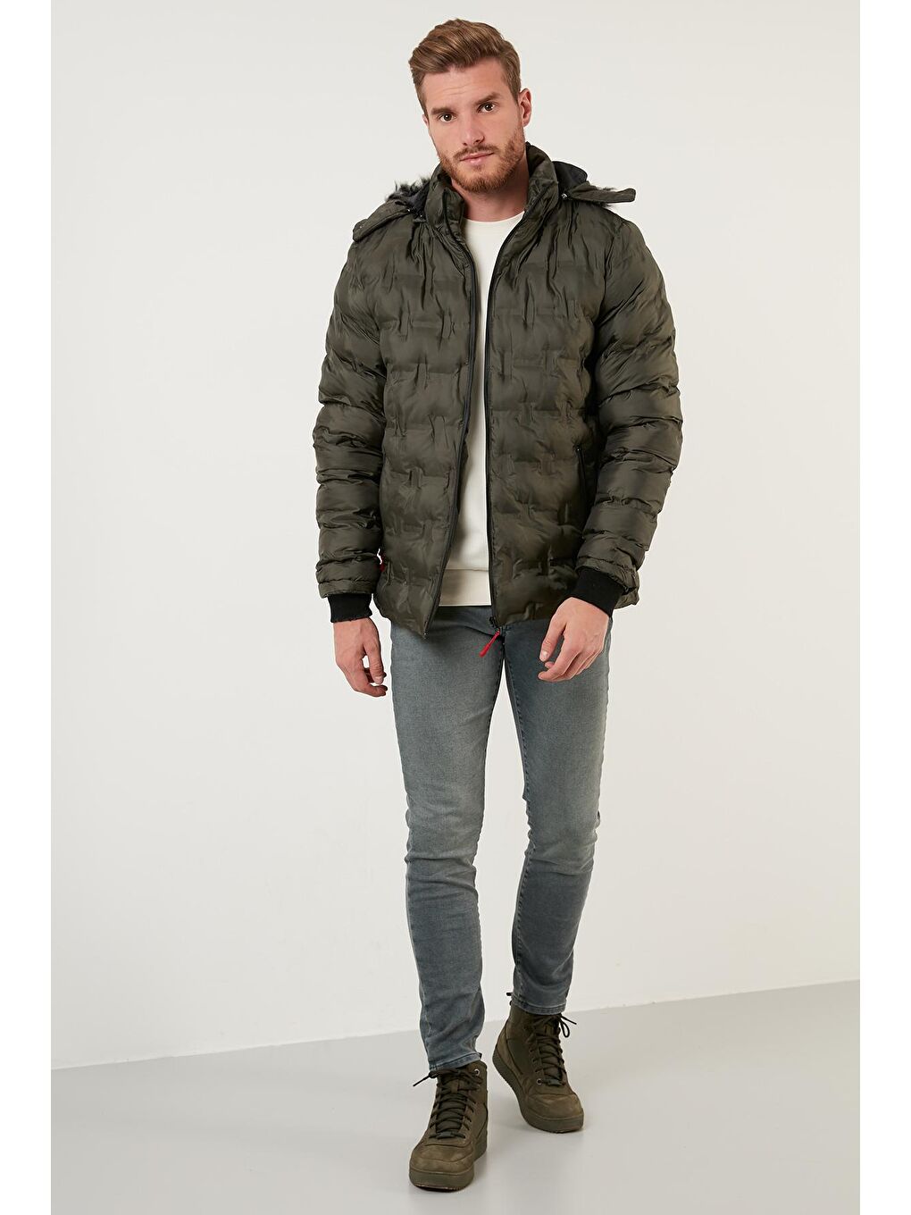 Haki Slim Fit Fermuarlı Çıkarılabilir Kapüşonlu Şişme Erkek Mont 5760065-2