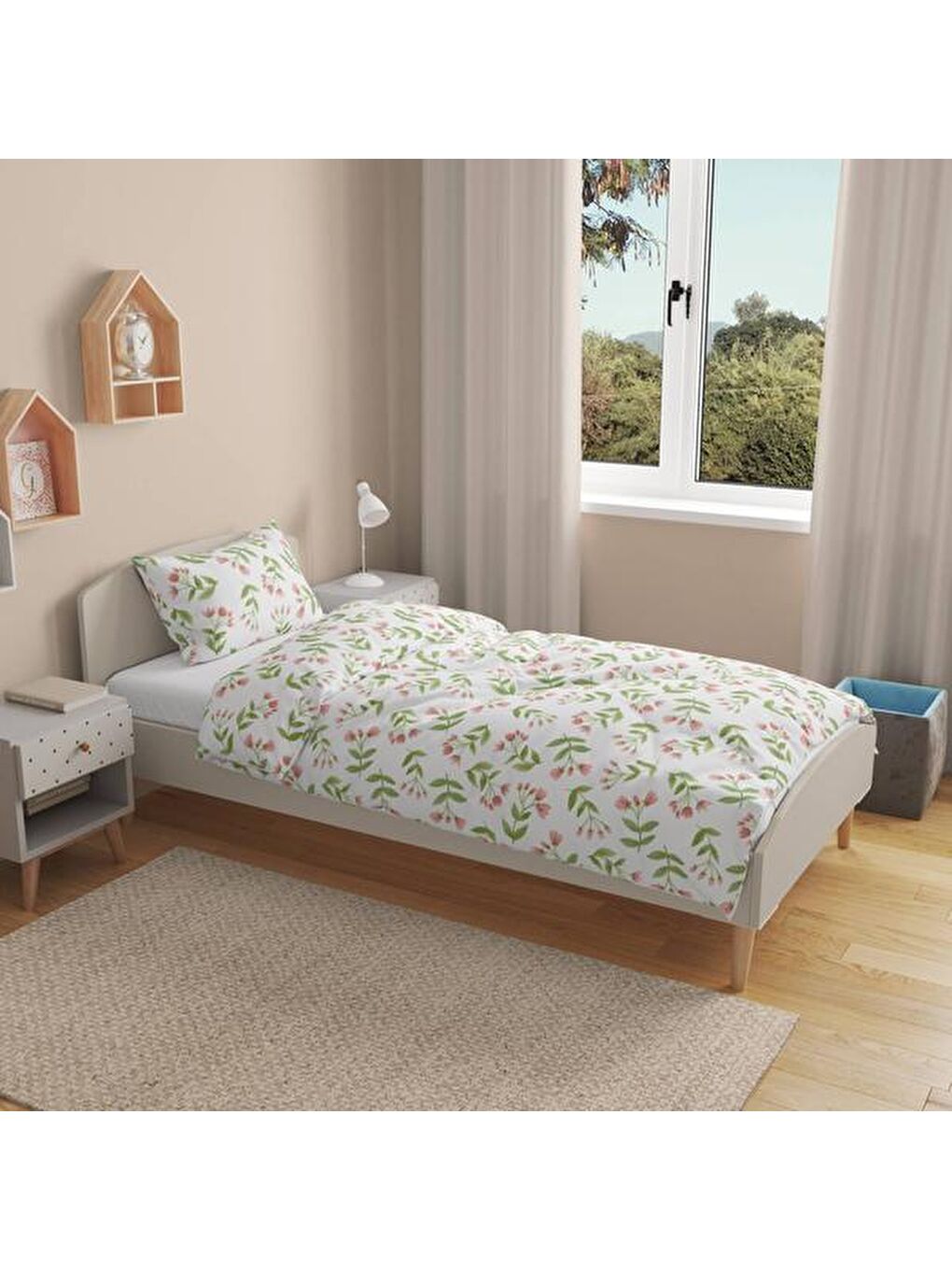 Evidea Lila Soft Carlene Tek Kişilik Nevresim Takımı - Ekru / Yeşil - 1