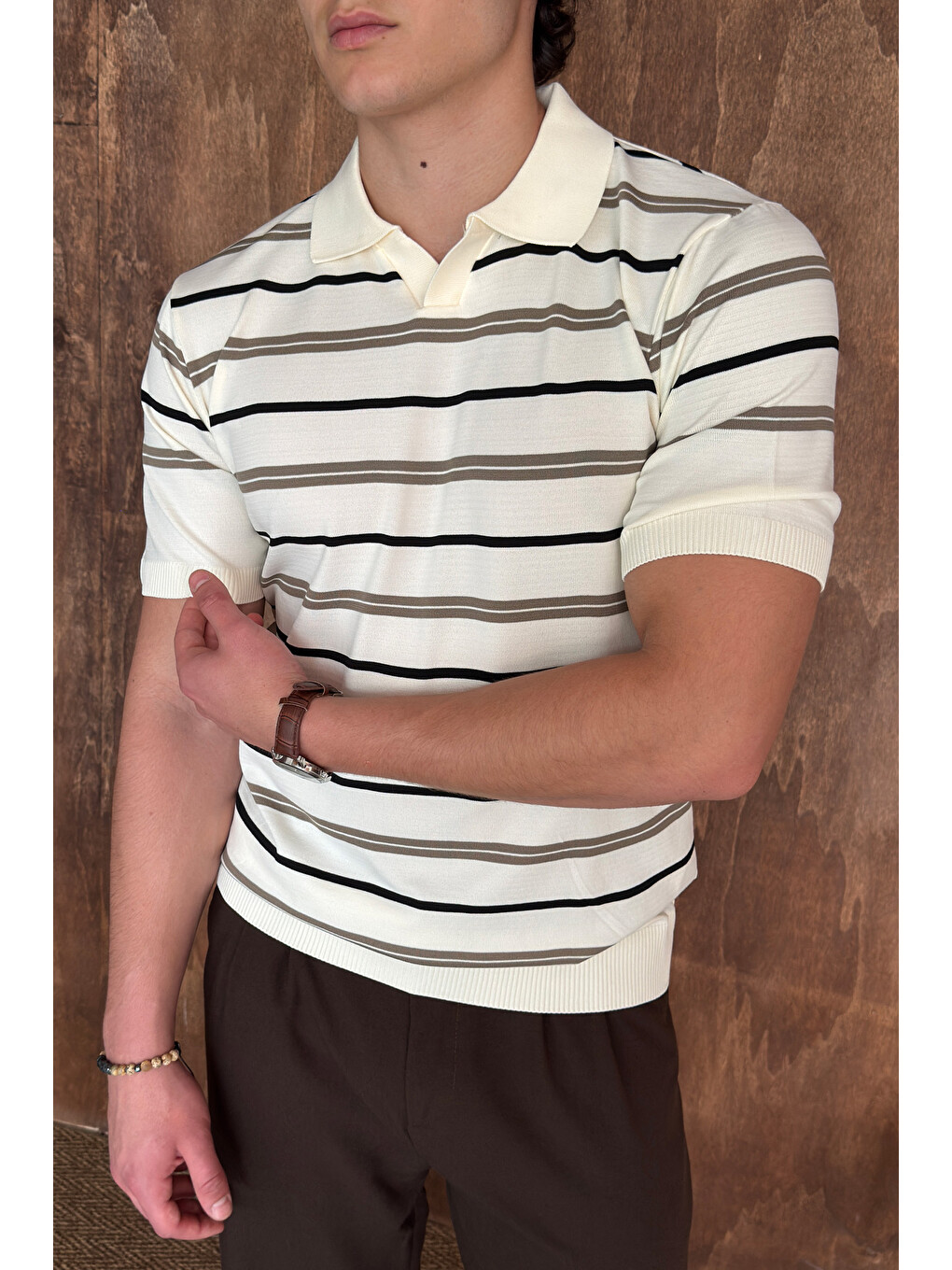 Ekru Erkek Polo Yaka Çizgili Triko T-shirt-1