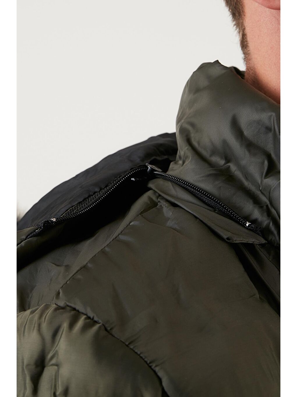 Haki Slim Fit Fermuarlı Çıkarılabilir Kapüşonlu Şişme Erkek Mont 5760065-4