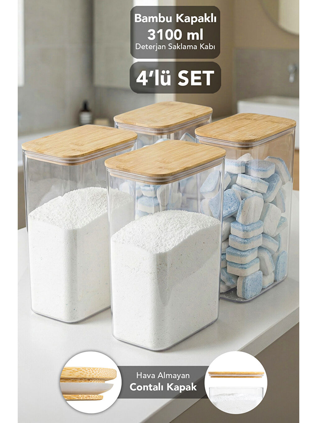 Renksiz 4 Adet Bambu Kapak Aura Deterjan Saklama Kutusu 3,1 l