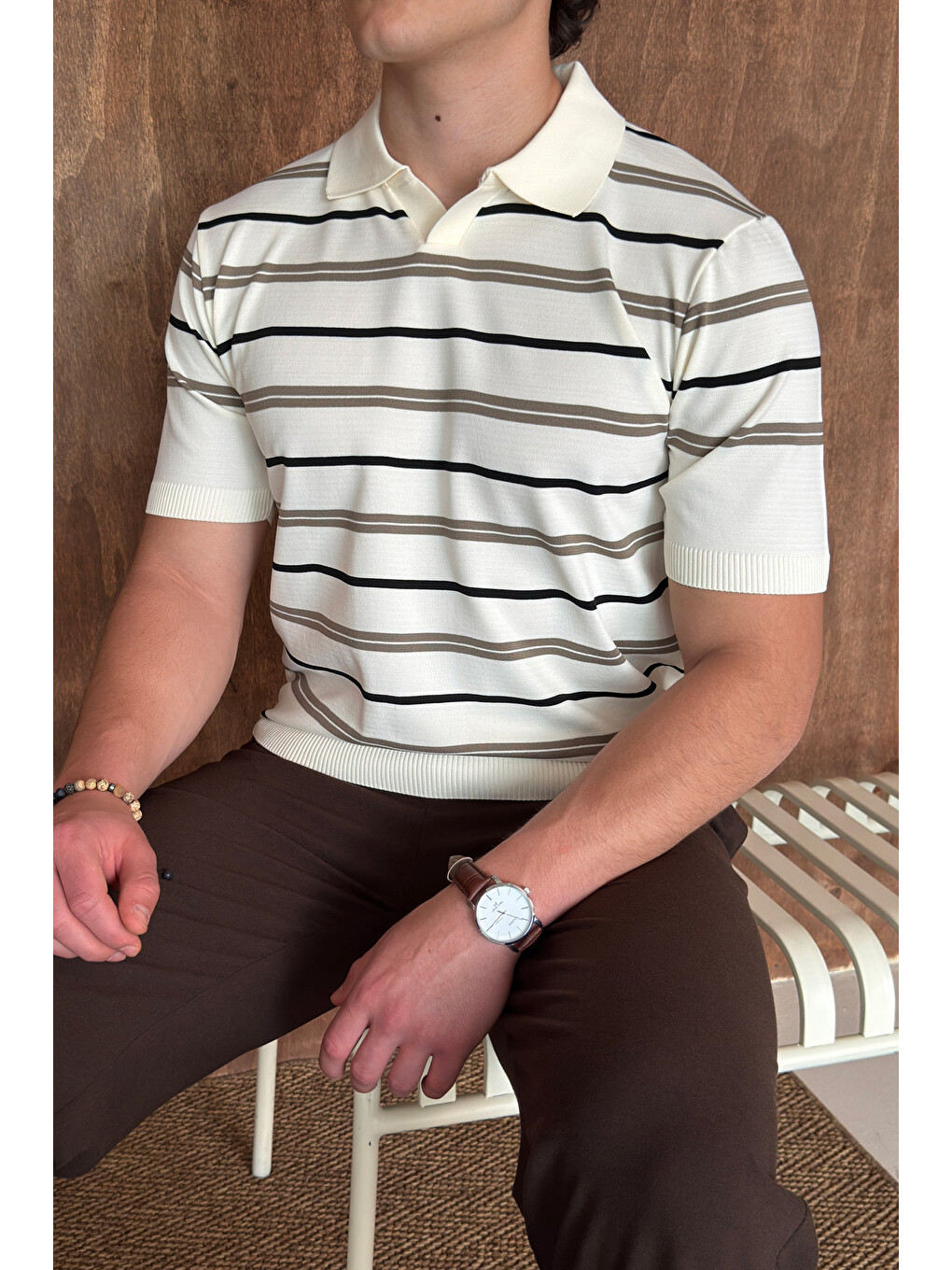 Ekru Erkek Polo Yaka Çizgili Triko T-shirt-2