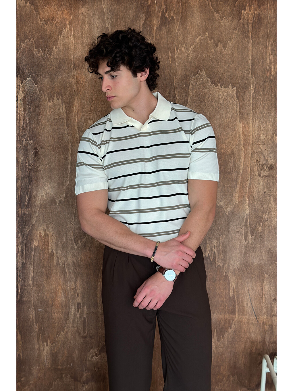Ekru Erkek Polo Yaka Çizgili Triko T-shirt-3