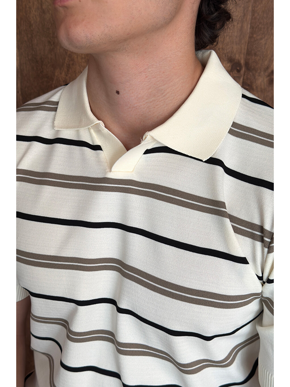 Ekru Erkek Polo Yaka Çizgili Triko T-shirt-4