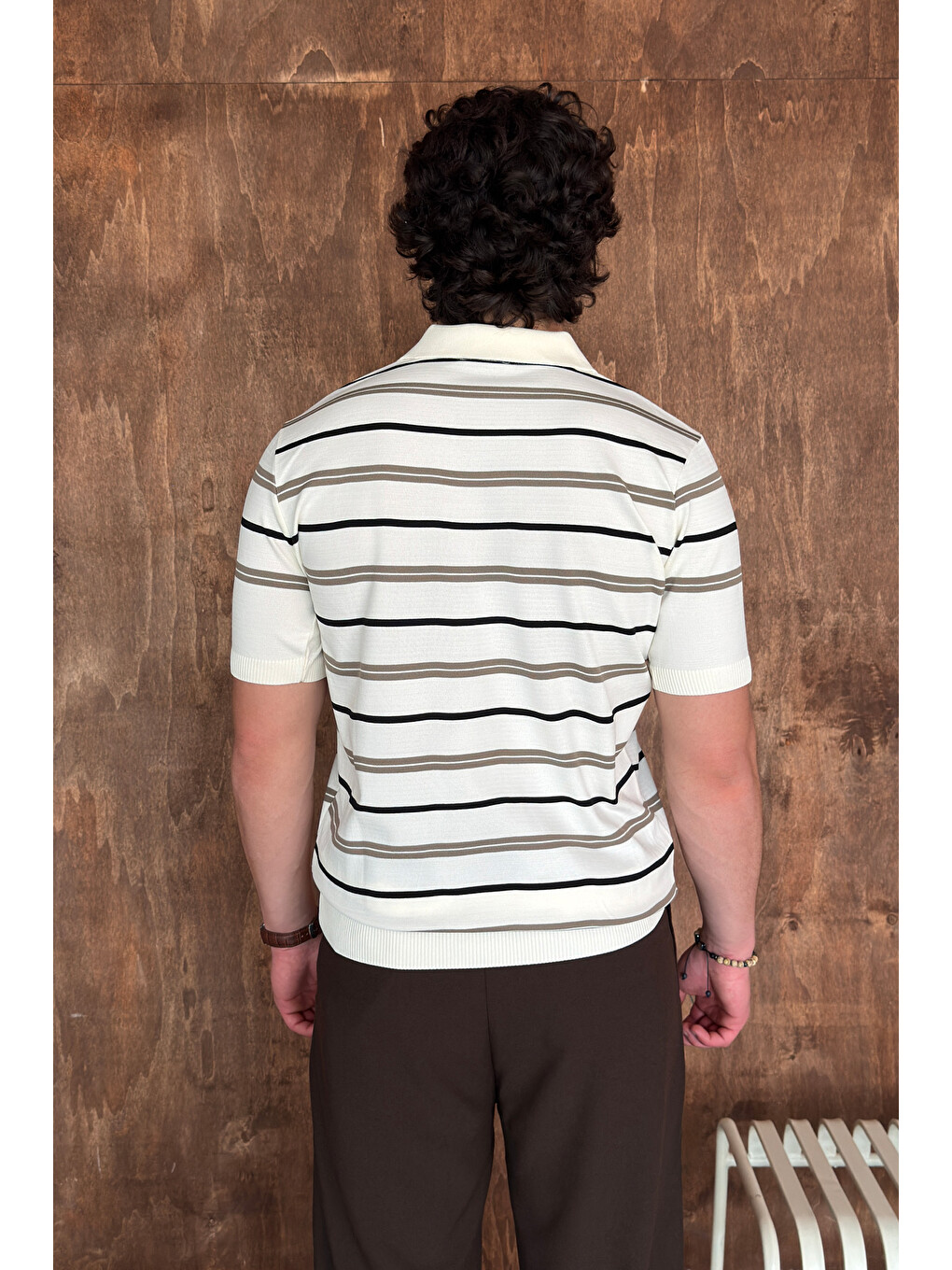 Ekru Erkek Polo Yaka Çizgili Triko T-shirt-5