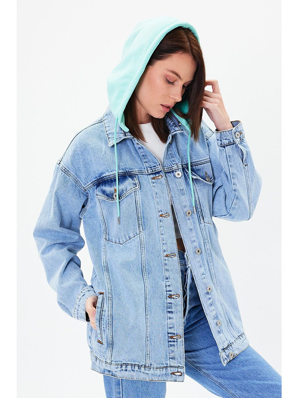 Explode Mavi Kadın Mavi Kapşonlu Oversize Denim Ceket