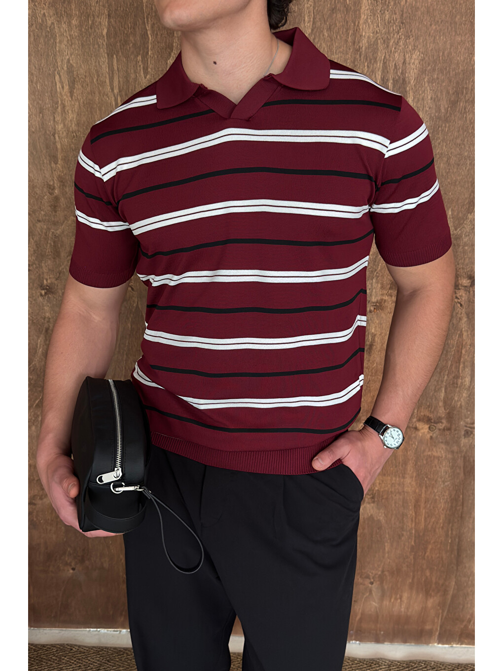 Bordo Erkek Polo Yaka Çizgili Triko T-shirt-1