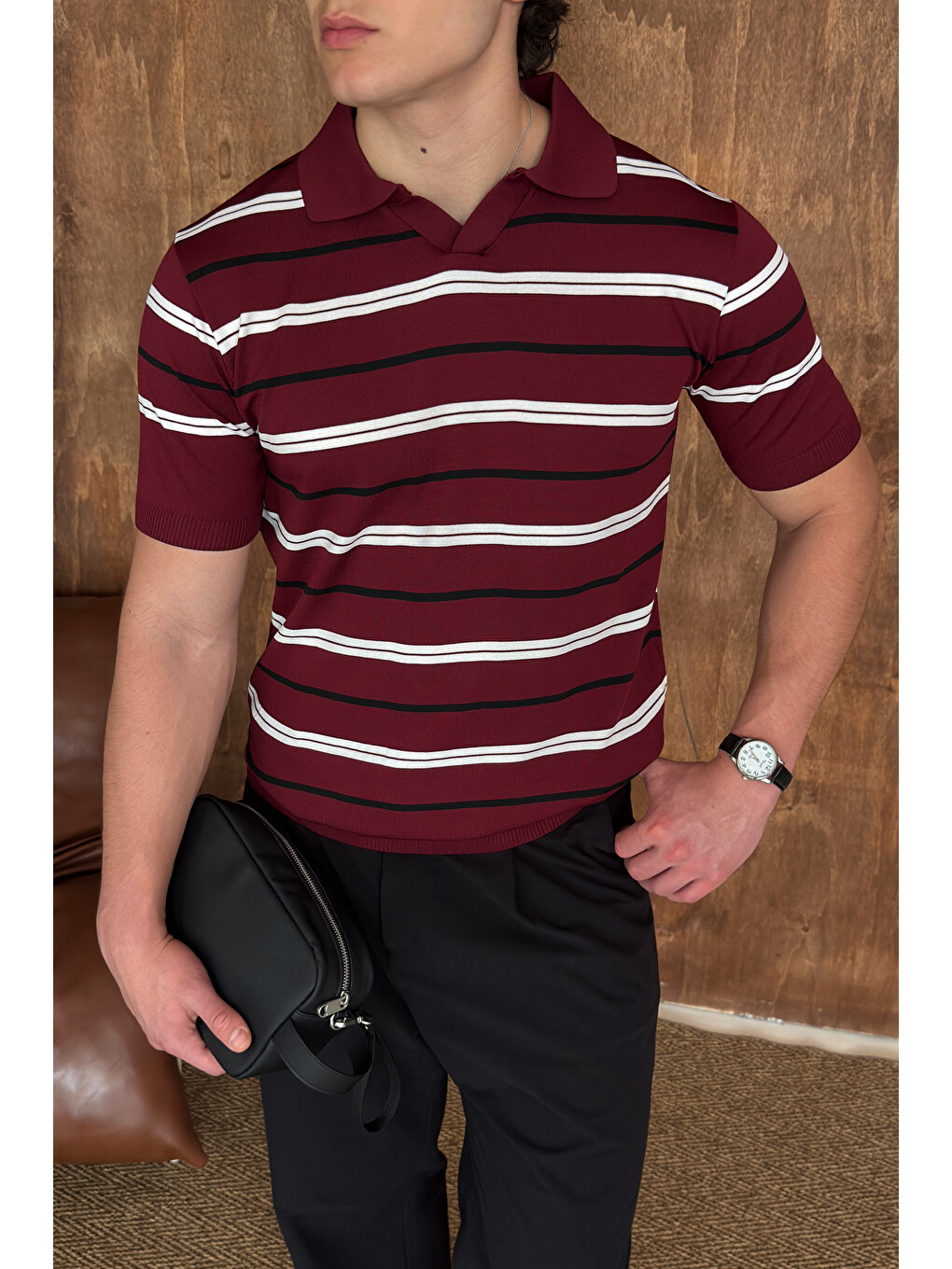 Bordo Erkek Polo Yaka Çizgili Triko T-shirt-2