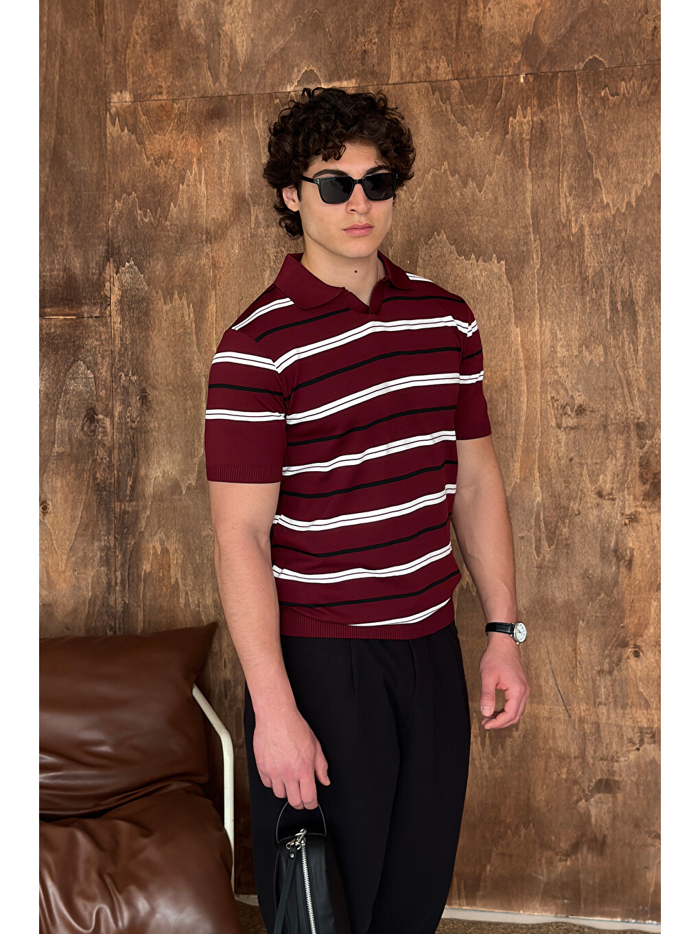 Bordo Erkek Polo Yaka Çizgili Triko T-shirt-3